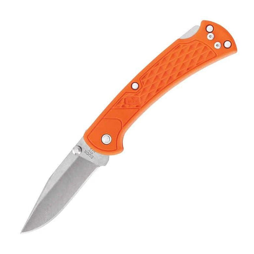Buck 112 Slim Select Blaze Orange folding knife with modern design and deep carry pocket clip for easy access.