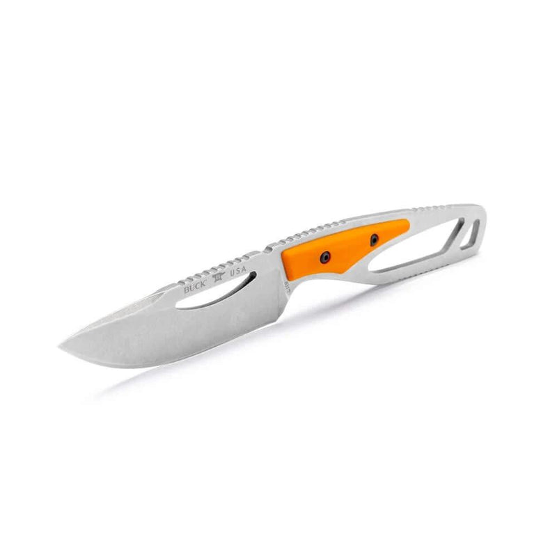 Buck 631 Paklite Field Knife Select Orange with a sleek skeletal design and orange handle for outdoor activities.