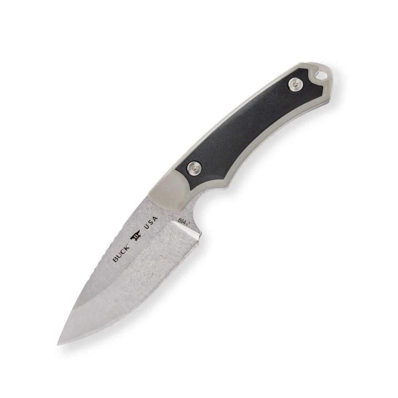 Buck 664 Alpha Hunter Select Gray knife featuring a 420HC stainless steel drop point blade and a comfortable black handle.