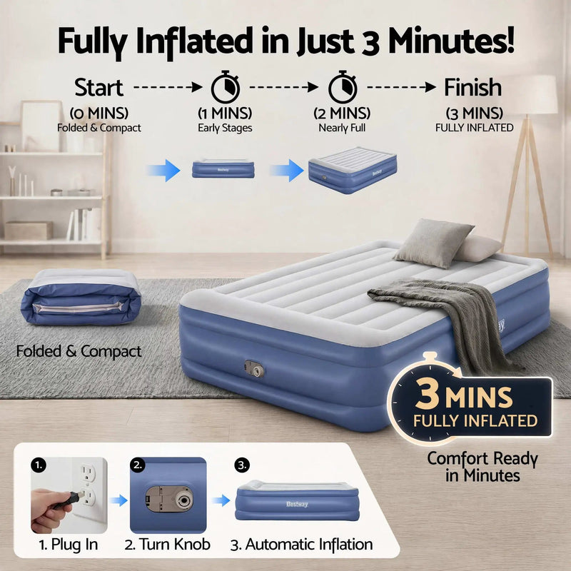 SportZone.co.nz Outdoor Recreation > Camping > Inflatable Mattresses Bestway Queen Air Mattress with Built-in Pump Tritech Inflatable Bed 56cm Bestway Queen Air Mattress with Built-in Pump Tritech Inflatable Bed 56cm