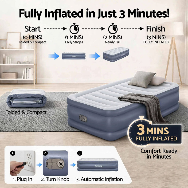 SportZone.co.nz Home & Garden > Inflatable Mattress Bestway Single Air Mattress with Built-in Pump Tritech Inflatable Bed 51cm Bestway Single Air Mattress with Built-in Pump Tritech Inflatable Bed 51cm