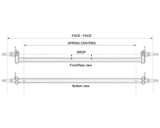 Diagram showing dimensions for Drop Beam Axle, including face-to-face measurements, spring centres, and drop from front/rear and bottom views.