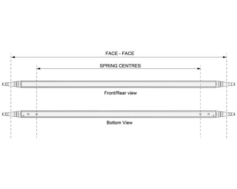 Straight Beam Axle - Non-Braked - 1750kg - Galvanised Front and Bottom view diagram showcasing measurements.