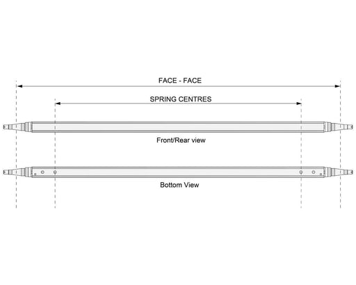 Straight-Beam Axle - Non-Braked - 1750kg - Bare Metal diagram showing front/rear and bottom views with spring centres.