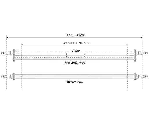 Technical diagram of Drop Beam Axle showing face-to-face dimensions and spring centres for installation.