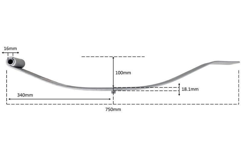Taper Leaf Slipper Spring - 2000kg pair (BE970815) dimensions with measurements 750mm length, 340mm height, 16mm and 18.1mm width.