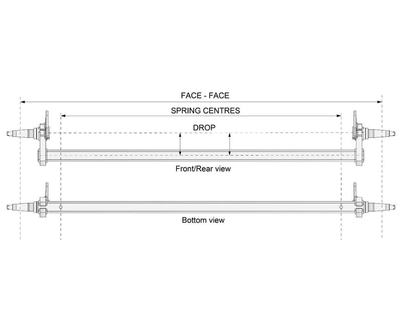 Diagram of Drop Beam Axle - Disc-Braked - 2000kg showing measurements and views, including front/rear and bottom views.