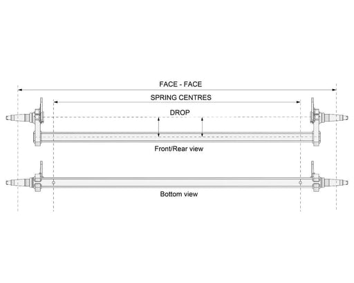 Diagram of Drop Beam Axle - Disc-Braked - 2000kg showing measurements and views, including front/rear and bottom views.