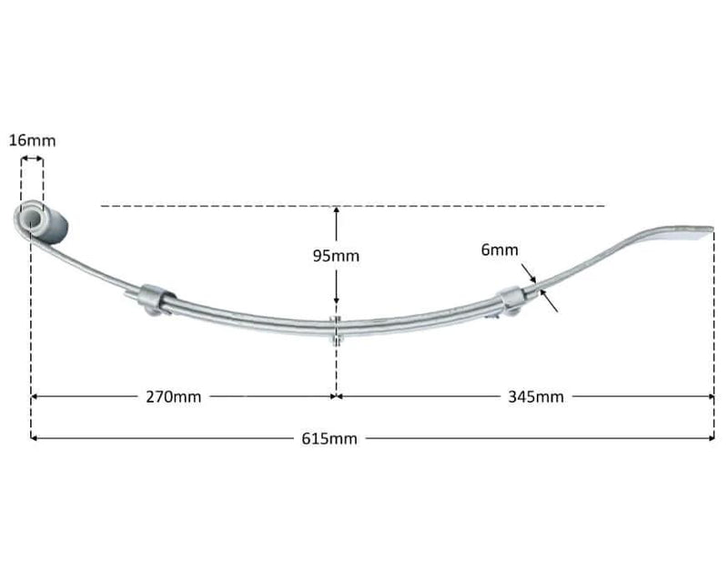 Trojan 2-Leaf Low Slipper Spring - 500kg - 50mm wide Pair with measurements showing length and width.
