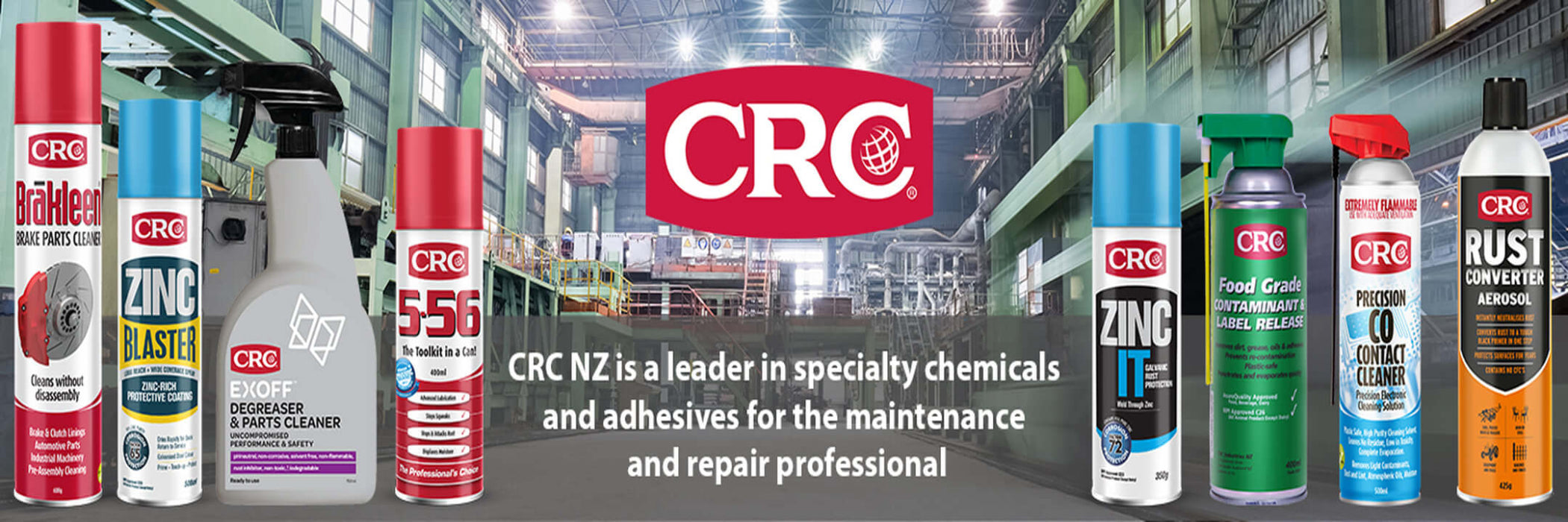 CRC brand products displayed with a warehouse background