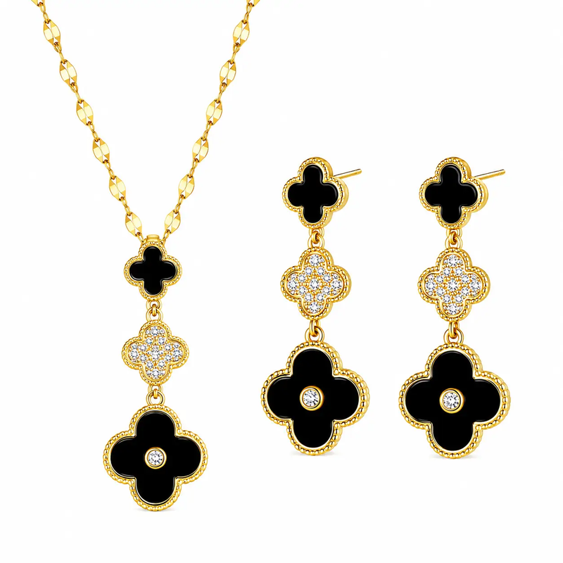 Midnight Clover Gold Necklace & Earrings Set by Poppy Gifts