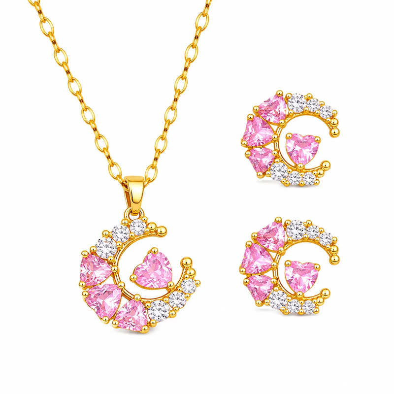 Pink Celestia Gold Crystal Necklace & Earrings Set by Poppy Gifts
