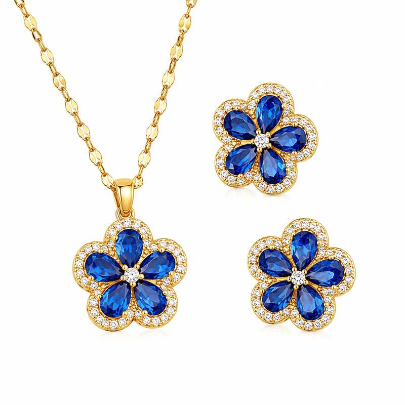 Sapphire Blossom Gold Crystal Necklace & Earrings Set by Poppy Gifts