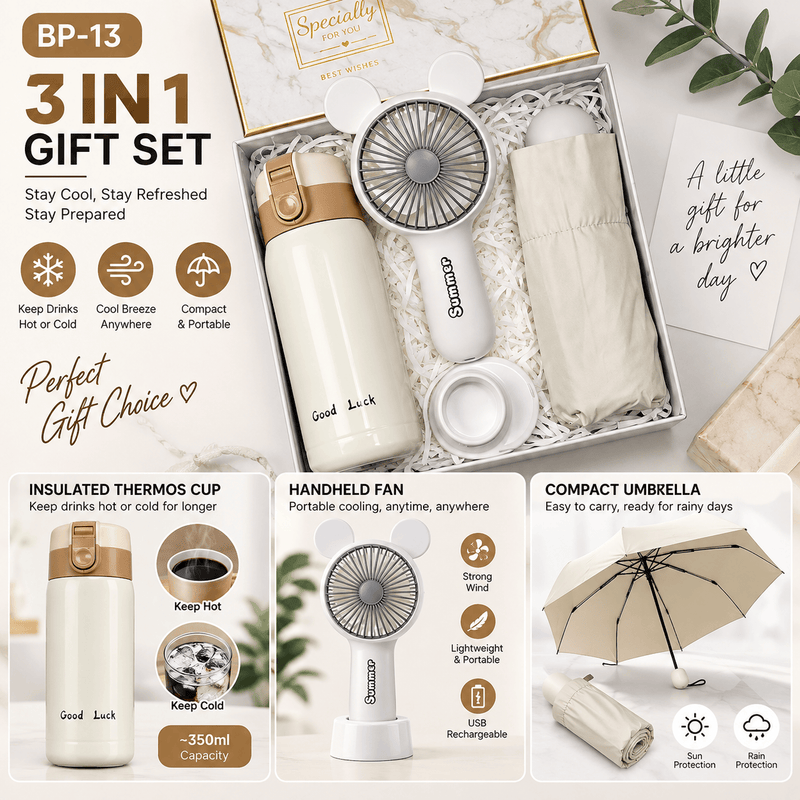 Poppy Gifts Gift 3-in-1 White Gift Set – Insulated Drink Bottle + Handheld Fan + Compact Umbrella 3-in-1 White Gift Set – Insulated Drink Bottle + Handheld Fan + Compact Umbrella
