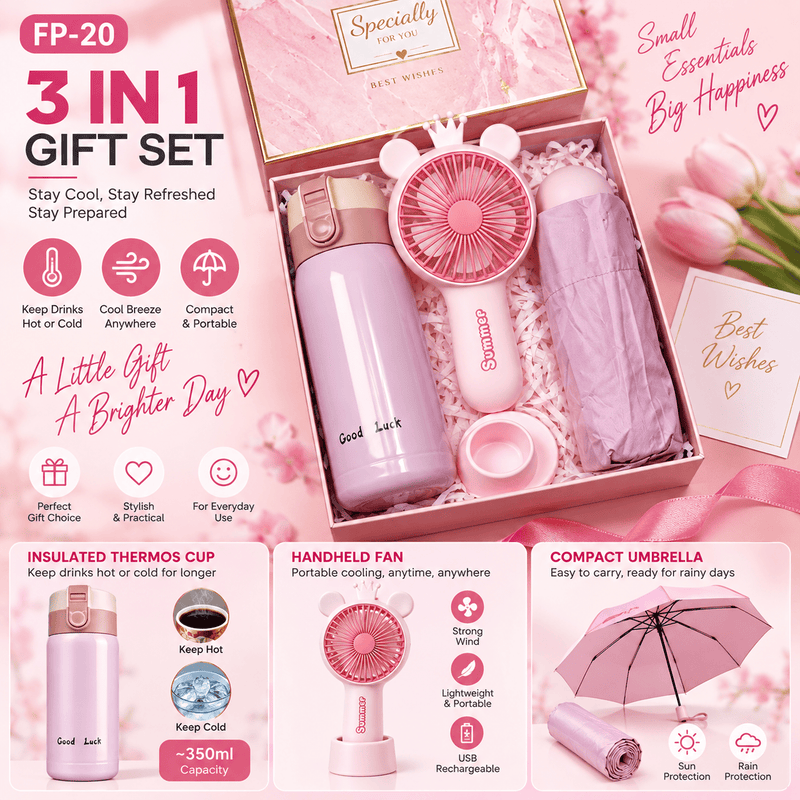 Poppy Gifts Gift 3-in-1 Pink Gift Set – Insulated Drink Bottle + Handheld Fan + Compact Umbrella 3-in-1 Pink Gift Set – Insulated Drink Bottle + Handheld Fan + Compact Umbrella