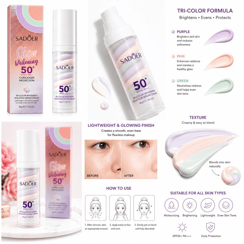 Poppy Gifts Beauty SADOER Glow Whitening Tri Color Isolation Serum Cream SPF50 Plus 45g Sadoer Glow Whitening Tri Color Serum SPF50 Plus 45g