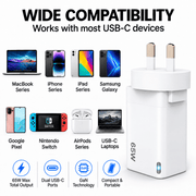 techplus 65W GaN Fast Wall Charger Dual USB C PD 3.0 Ports for Laptop 65W GaN Fast Wall Charger Dual USB C PD 3.0