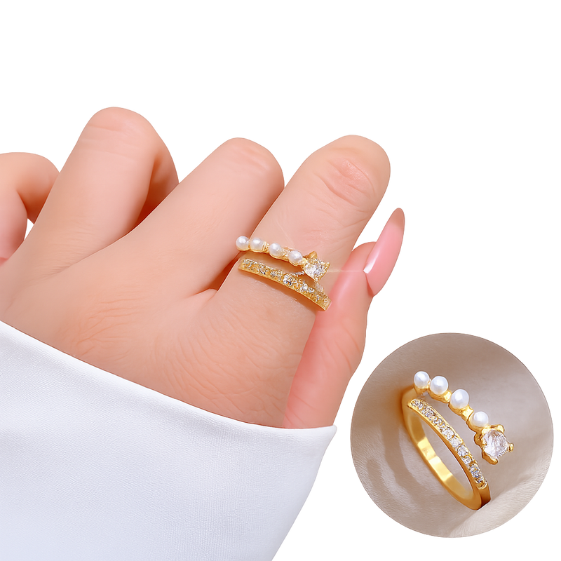 Pearl Grace Gold Crystal Adjustable Ring by Poppy Gifts