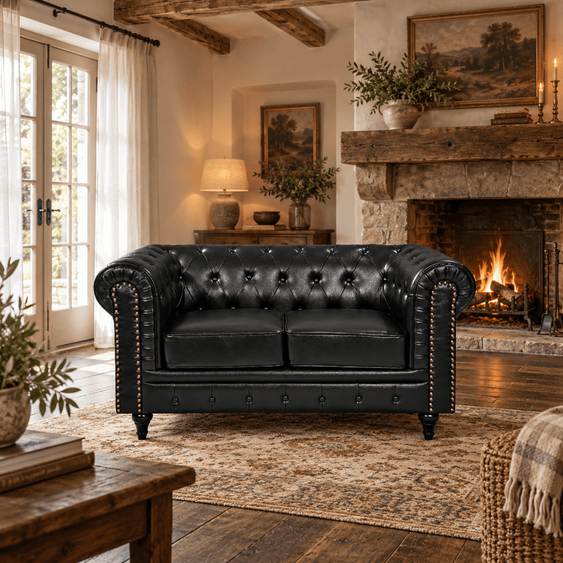 BroDeals Sofas Boston Faux Leather Chesterfield 2 Seater Sofa - Black Boston Faux Leather Chesterfield 2 Seater Sofa - Black