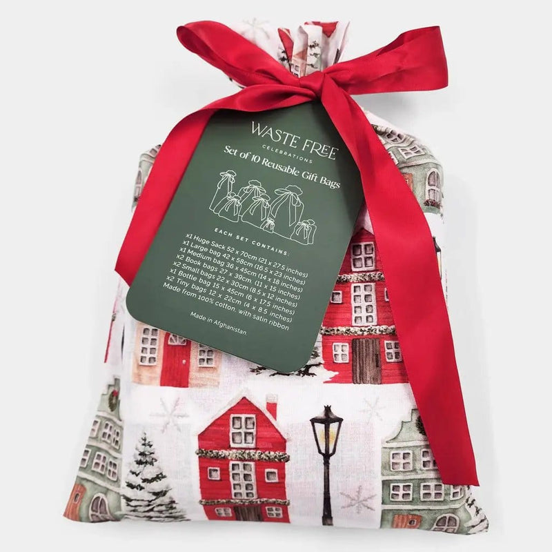 Waste Free Celebrations Fabric Gift Bags Christmas Cottages (Reusable Gift Bag Set) Christmas Cottages (Reusable Gift Bag Set)