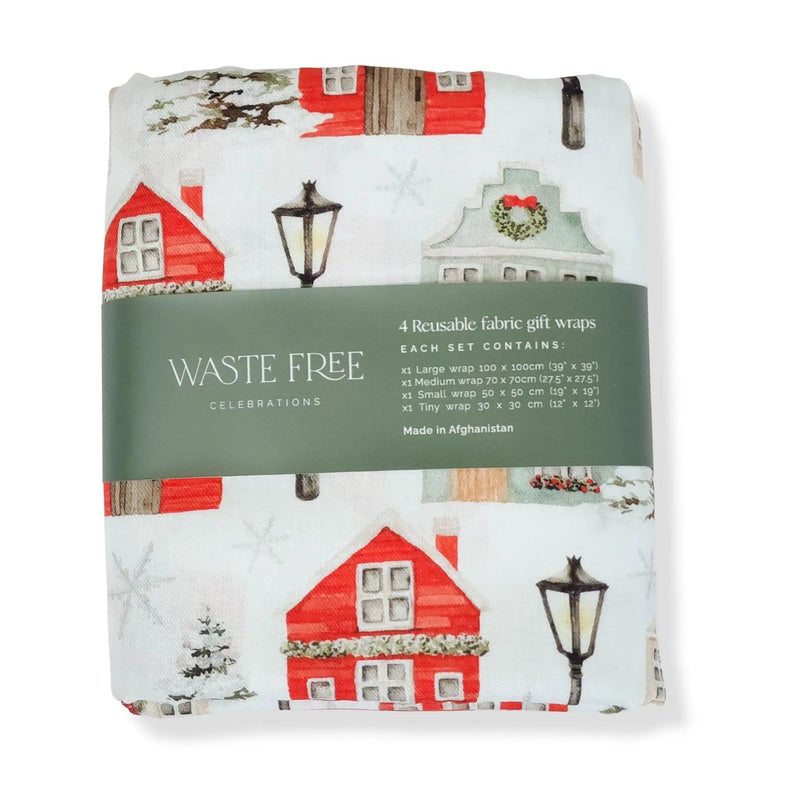 Waste Free Celebrations Furoshiki Wrapping Cloths Christmas Cottages - 4 Furoshiki Gift Wraps Christmas Cottages - 4 Furoshiki Gift Wraps