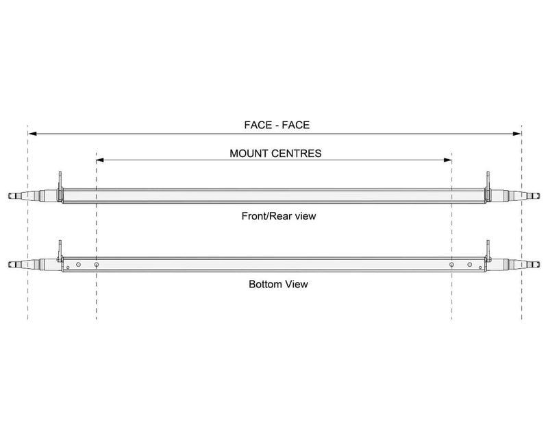 Straight Beam Axle - Disc-Braked - 1500kg - Galvanised technical diagram with front, rear, and bottom views.