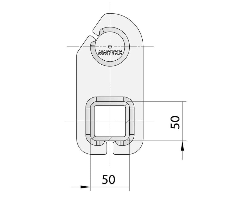 Technical drawing of Drop Beam Axle component with measurements and design details, showcasing a 50 x 50 RHS design.