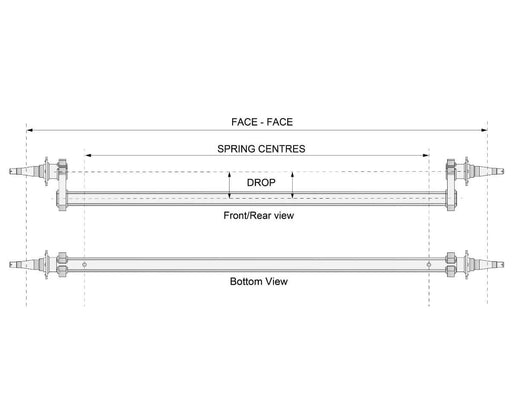 Technical illustration of Drop Beam Axle with measurements for face-face, spring centres, and drop views.