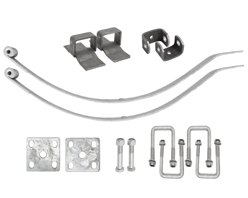 Taper Leaf Spring Kits components including hangers, bolts, and U-bolts for vehicle suspension systems.