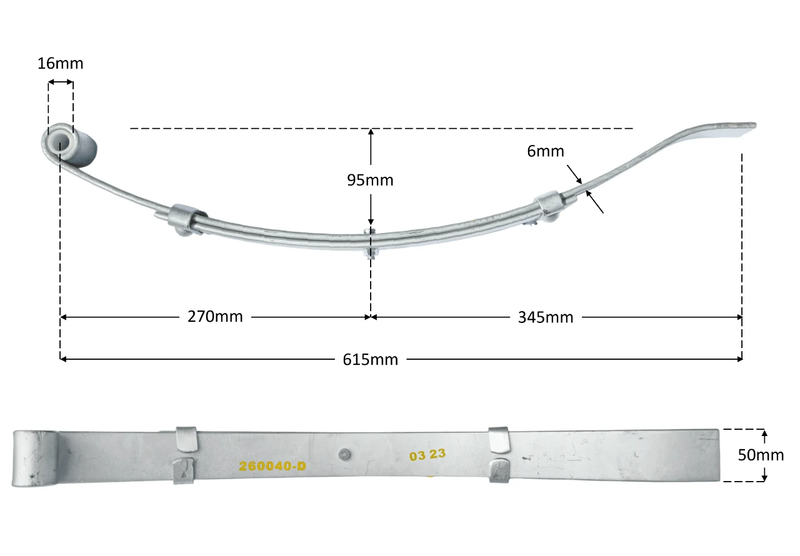 Multi Leaf Spring Kit components with measurements, showcasing spring design and specifications for 500kg capacity.