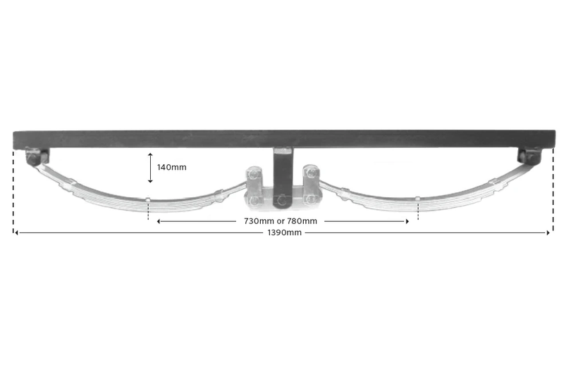 Double Eye Rocker Type dimensions image showing 140mm height and 1390mm width for optimal trailer suspension.