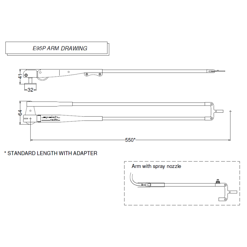 E95P arm drawing with dimensions for Hardtop Premium Wiper package 64mm shaft components.