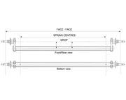 Diagram showing dimensions of Drop Beam Axle - 10" Drum - 1750kg - Bare Metal from front/rear and bottom views.