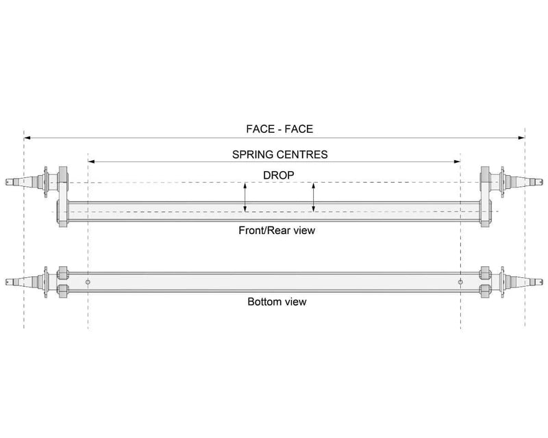 Diagram showing dimensions of Drop Beam Axle - 10" Drum - 1750kg - Bare Metal from front/rear and bottom views.
