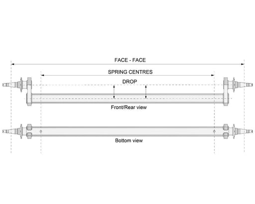 Diagram showing dimensions of Drop Beam Axle - 10" Drum - 1750kg - Bare Metal from front/rear and bottom views.