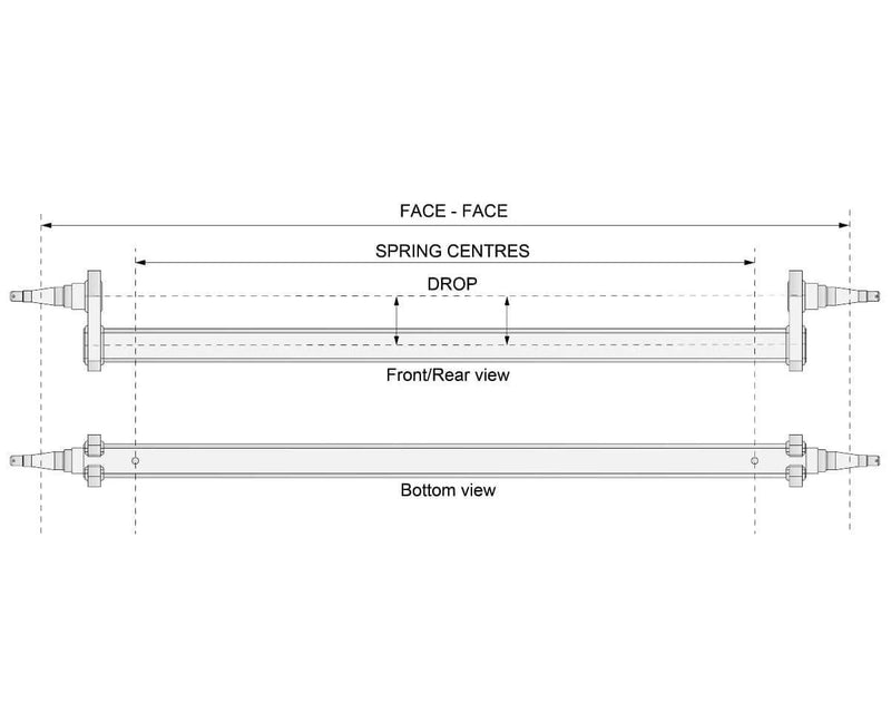 Technical drawing of Drop Beam Axle - Non-Braked - 1750kg showing front/rear and bottom views with measurements.
