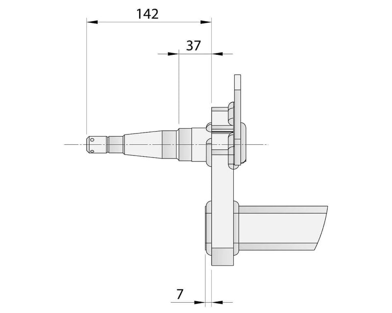 Diagram of Drop Beam Axle component showcasing dimensions 142mm, 37mm, and 7mm for precision measurements.