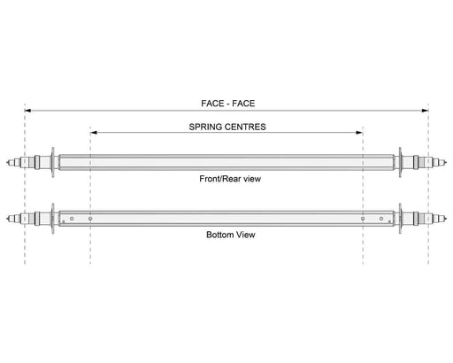 Straight Beam Axle technical drawing with front/rear and bottom views, showing dimensions and spring centers.