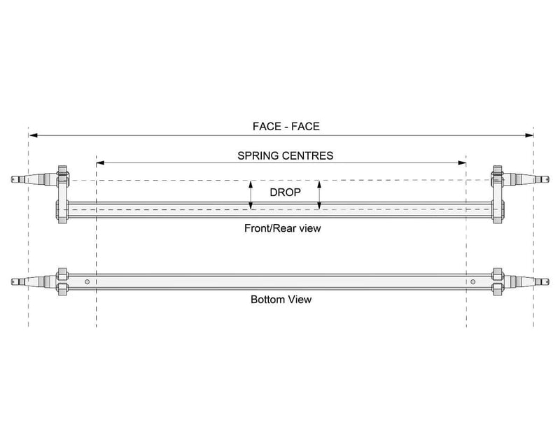 Diagram of a Drop Beam Axle showing front/rear and bottom views with dimensions for face, spring centres, and drop.
