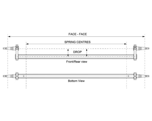 Diagram of a Drop Beam Axle showing front/rear and bottom views with dimensions for face, spring centres, and drop.