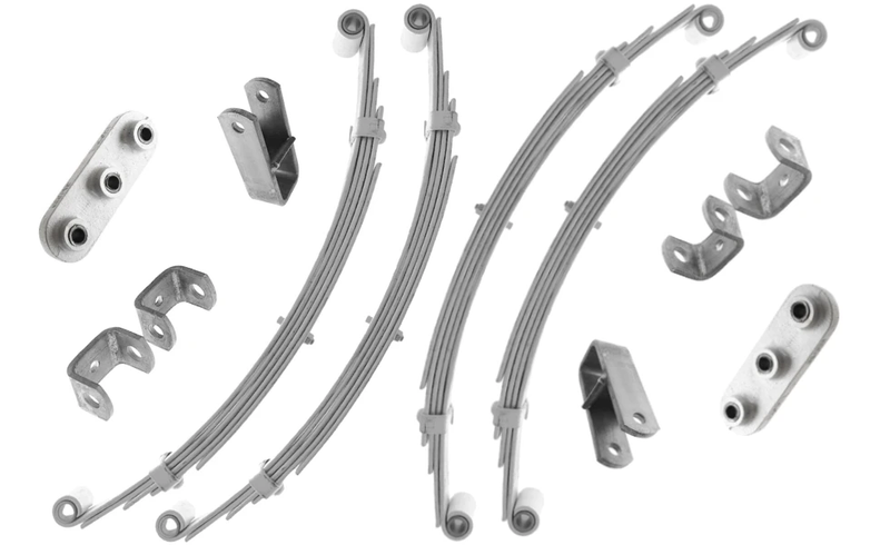 Double Eye Rocker Type components for trailers including springs and brackets, designed for superior load distribution.