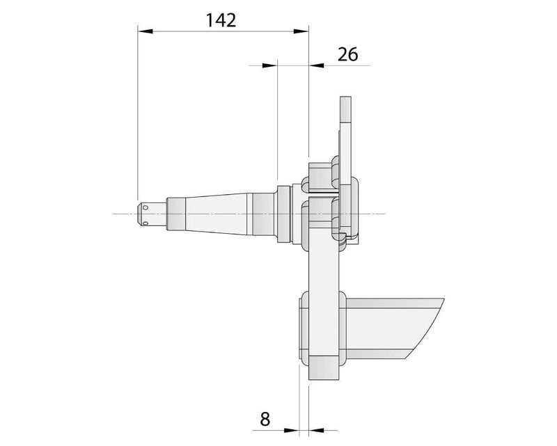 Diagram of a Drop Beam Axle - Disc-Braked - 2000kg - dimensions 142mm x 26mm x 8mm.