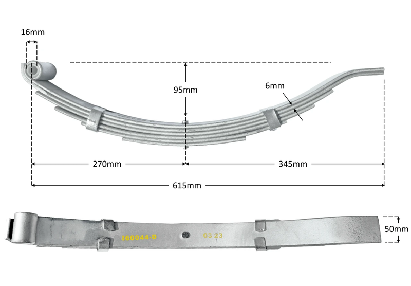 Trojan 6 Leaf Low Slipper Spring - 1500kg - Dimensions shown - 6 leaf spring, 50mm wide, top and side view with measurements.