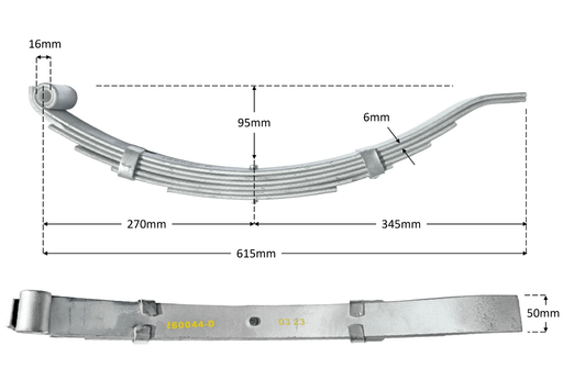 Trojan 6 Leaf Low Slipper Spring - 1500kg - Dimensions shown - 6 leaf spring, 50mm wide, top and side view with measurements.