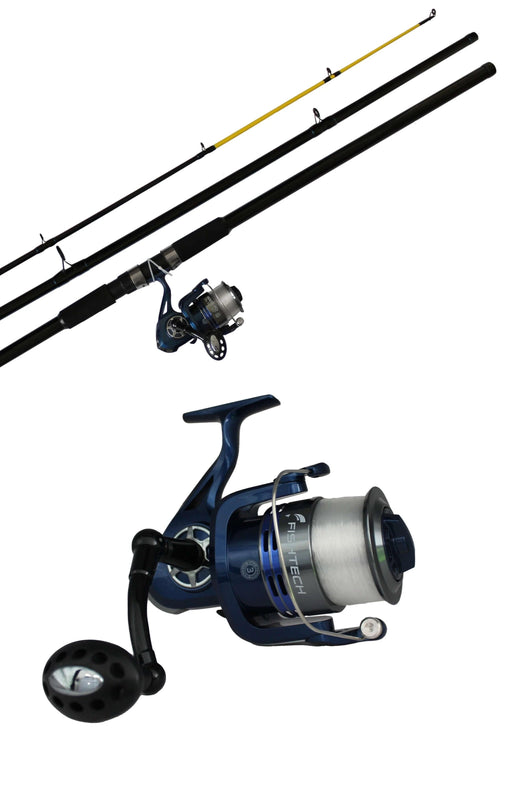 Fishtech Surf Combo 14ft 3pce Solid Fibreglass surfcasting rod and reel with glow lumo tip for night fishing.