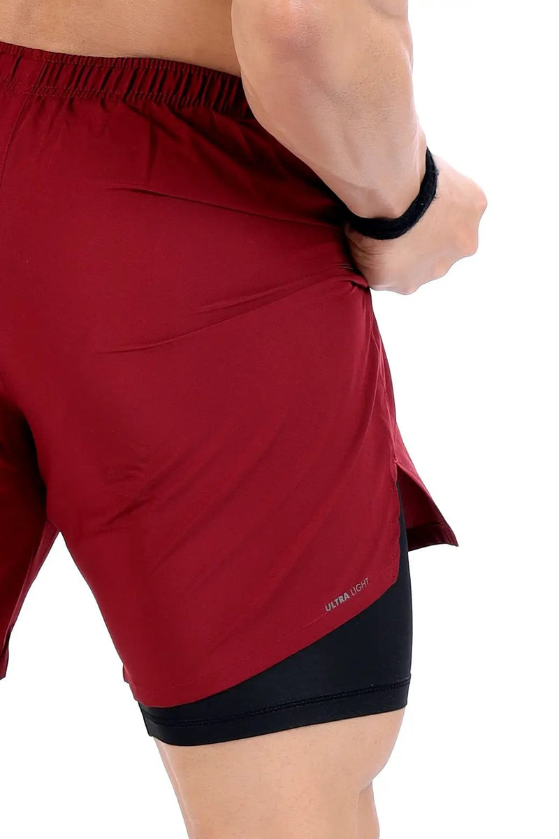 2 in 1 Compression Shorts Maroon by Fuaark Nz