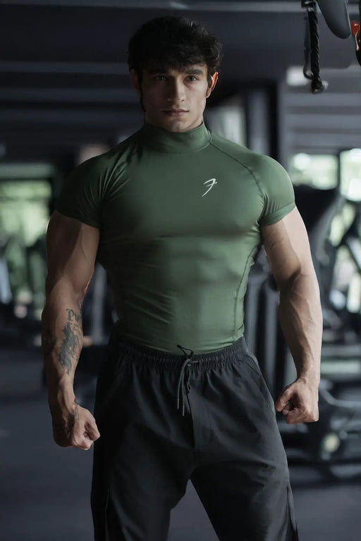 High Neck Compression T-shirt Olive by Fuaark Nz
