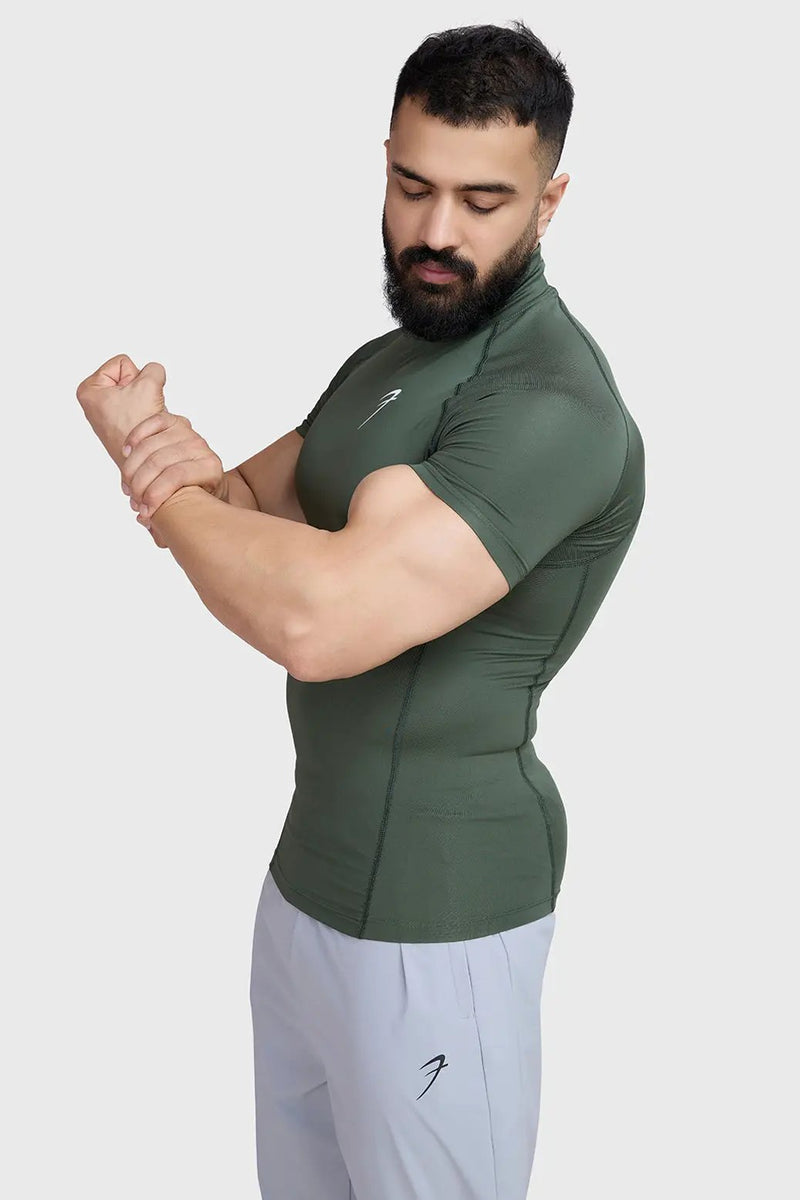 High Neck Compression T-shirt Olive by Fuaark Nz