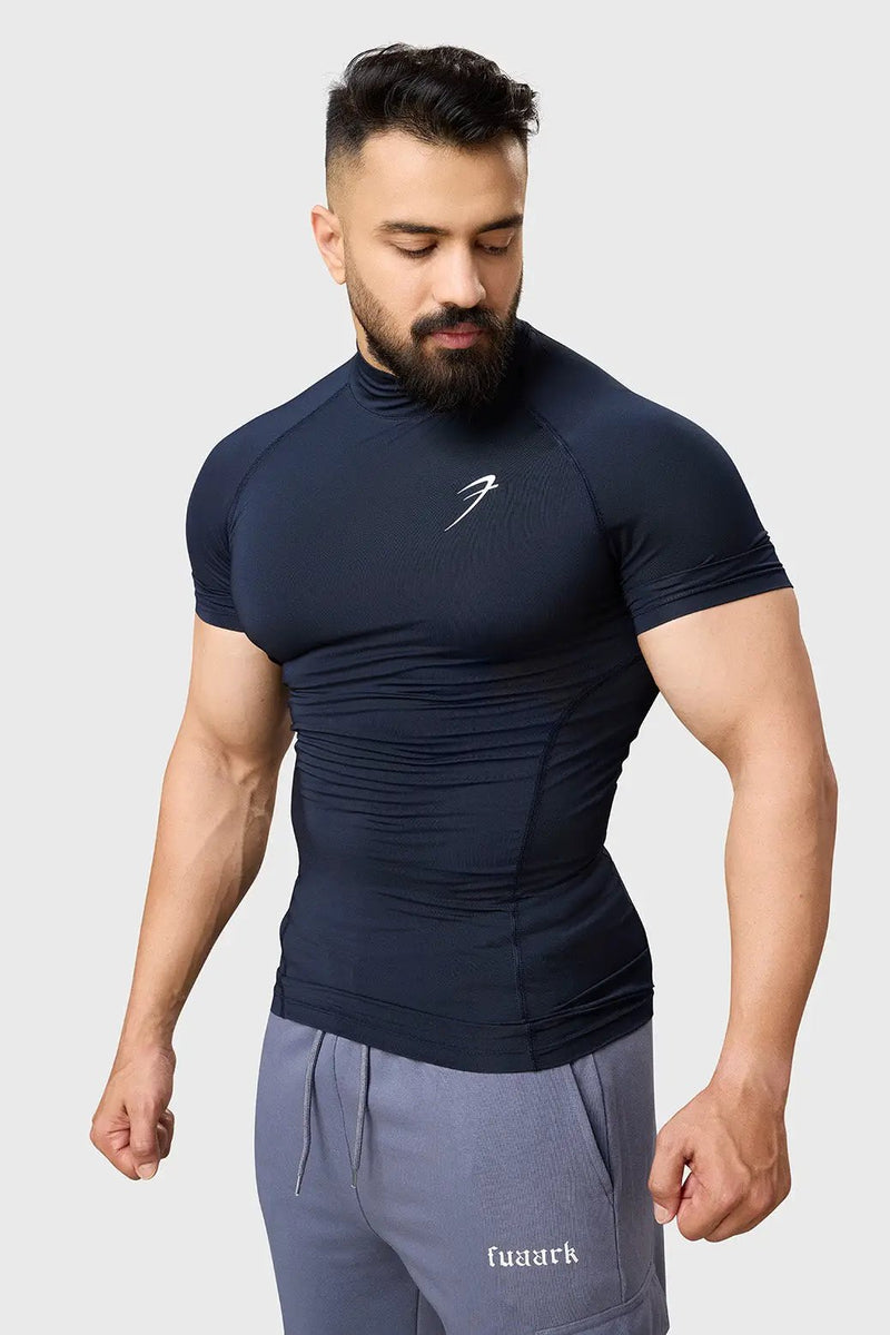 High Neck Compression T-shirt Navy by Fuaark Nz