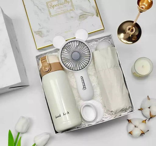 Poppy Gifts Gift 3-in-1 White Gift Set – Insulated Drink Bottle + Handheld Fan + Compact Umbrella 3-in-1 White Gift Set – Insulated Drink Bottle + Handheld Fan + Compact Umbrella